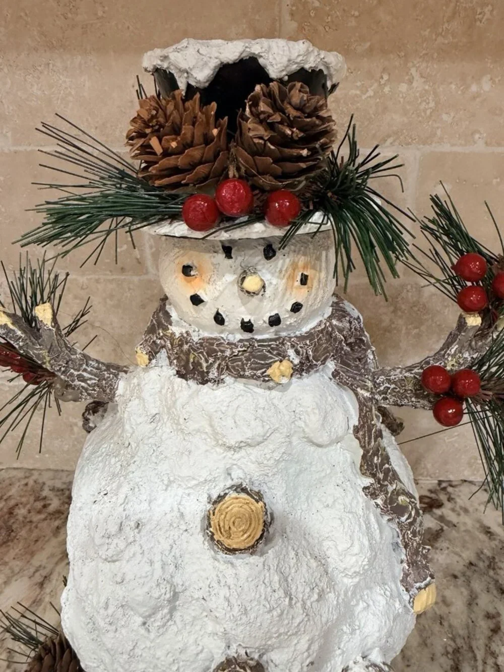 Rustic Snowman Figurine 10.5” X 6”Pinecone Christmas Decor